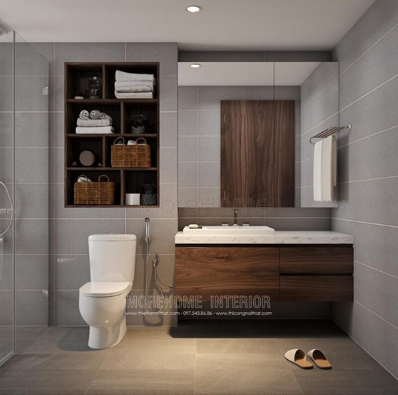 Tủ nhà tắm đẹp ấn tượng từ cánh tủ gỗ óc chó ốp mặt đá sang trọng. Mẫu thiết kế nội thất biệt thự đẹp