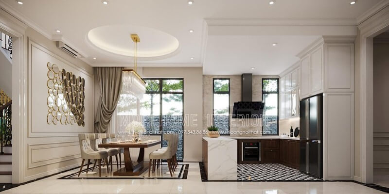 Phong cách đương đại đẹp sang trọng trong thiết kế phòng ăn liền bếp. Mẫu thiết kế nội thất biệt thự đẹp
