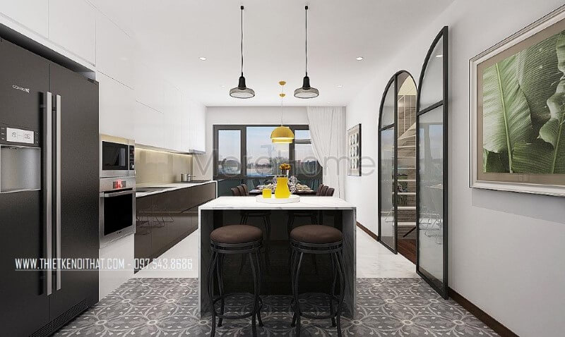 Bàn đảo bếp hiện đại sử dụng đá ốp vân mây tuyệt đẹp cùng 2 chiếc ghế đơn đẹp mắt giúp bạn có thể làm mọi thứ hữu ích cùng với đó vị trí bố trí cạnh tủ lạnh giúp bạn thuận tiện cho việc nấu ăn. Mẫu thiết kế nội thất biệt thự đẹp