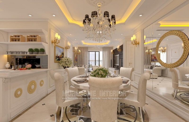 Mẫu bàn ănđẹp với thiết kế độc đáo mặt bàn kính hình tròn kết hợp mẫu ghế gỗ tân cổ điển bọc da cao cấp tạo điểm nhấn nổi bật cho căn phòng